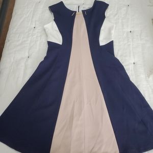 Sandra Darren navy blue, nude, white dress